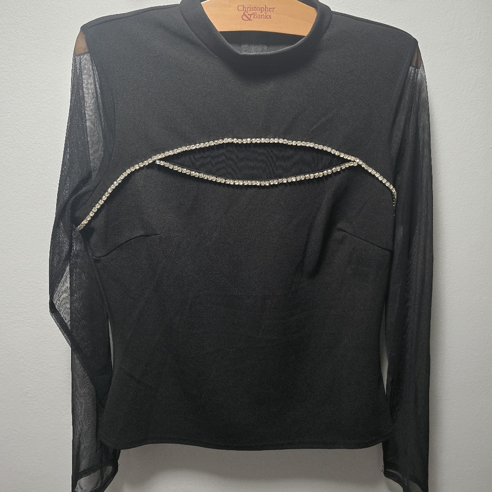 Black Sheer Sleeve Top with Rhinestone Detail - Picture 3 of 7